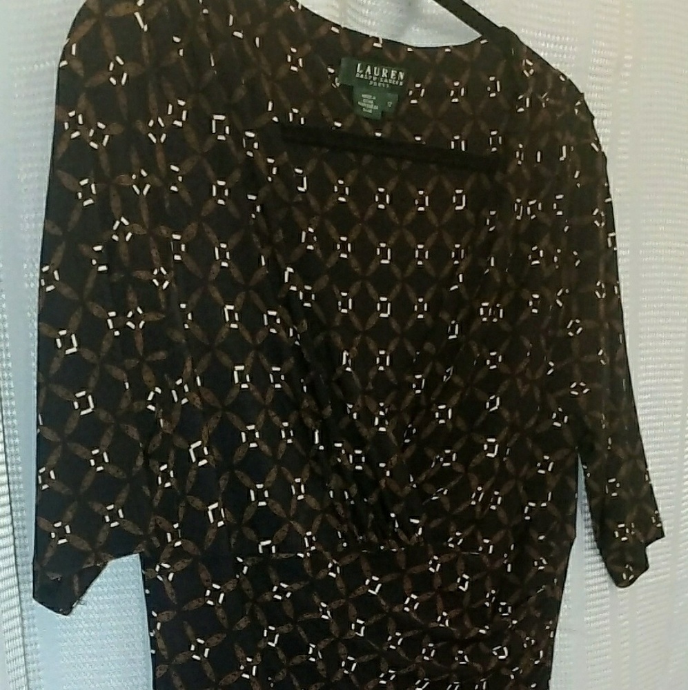 Ralph Lauren Sz 12, V neck, Ruched Dress, Brown